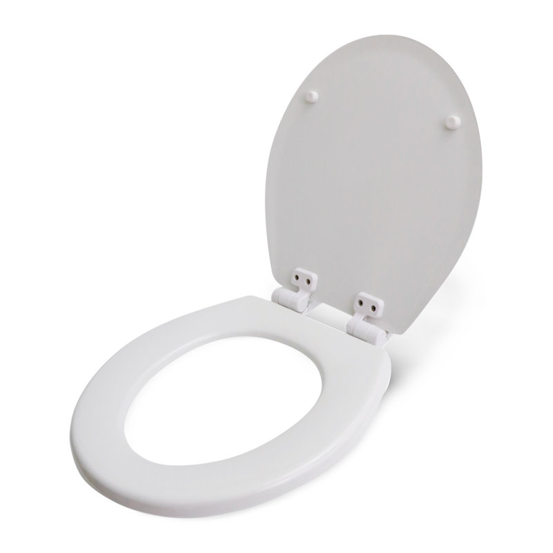 Siège de toilette rond à fermeture lente avec charnières réglables et mécanisme de retrait facile en bois moulé blanc, taille standard