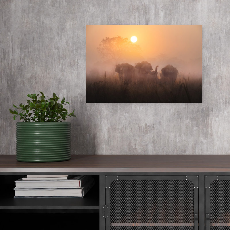 Elephants In Golden Mist Peaceful Serene Tranquil Elephant Landscape Nature Wall Art Print 1 Piece Wrapped Canvas Wall Art