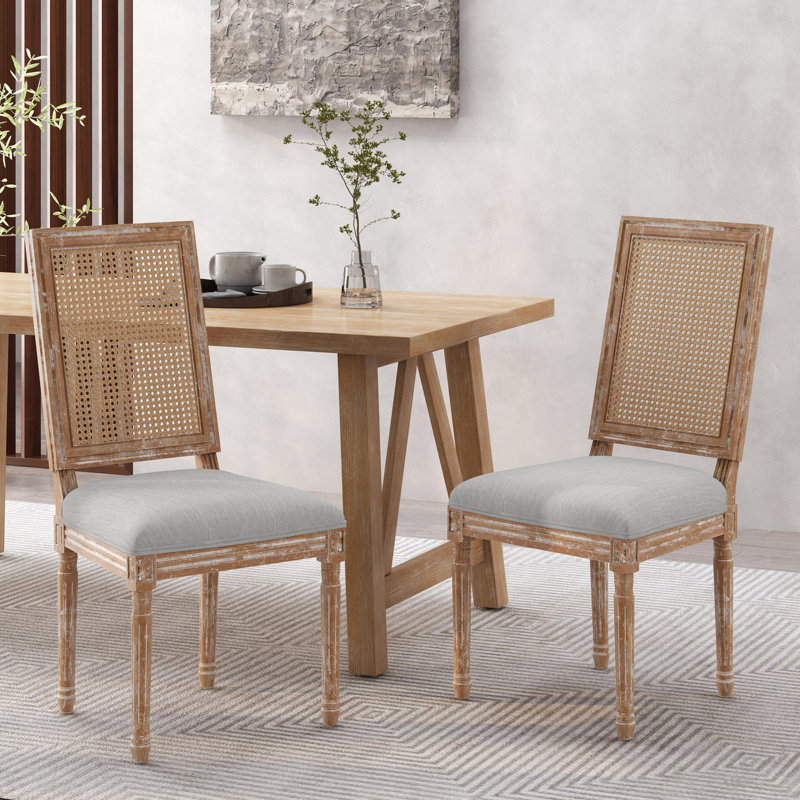 Chaise de salle à manger grise en tissu gris de 2 pièces, avec 2 pièces de structure en bois d'hévéa et canne, avec dossier et pieds résistants
