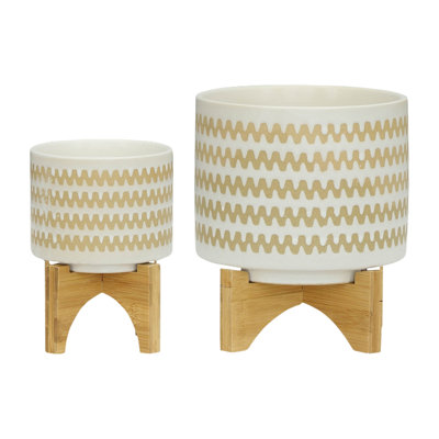 Wavy Pattern Outdoor Planters on Stand for Indoor Home Decor - Modern Ceramic Flower Pots Accent for Living Room or Patio - Set of 2, 11", 7", White & Tan