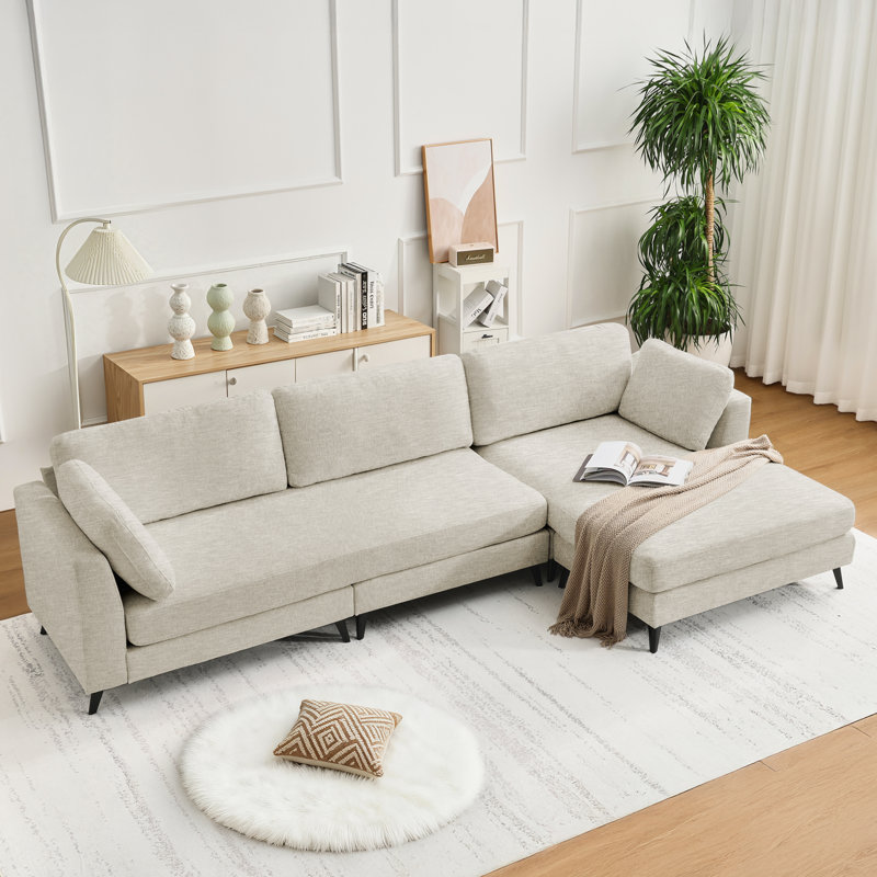 Chenille Upholstered 3-Seater L-Shaped Sofa With Chaise And Wide Back Cushions, Khaki Chenille