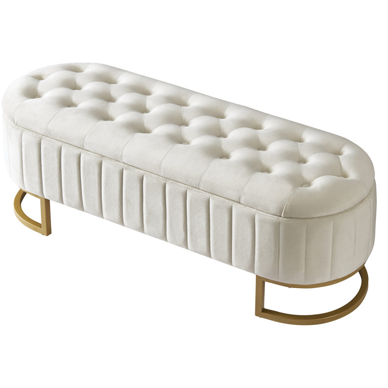 Beige Velvet Storage Bench With Metal Legs And Spacious Interior Button-, Beige
