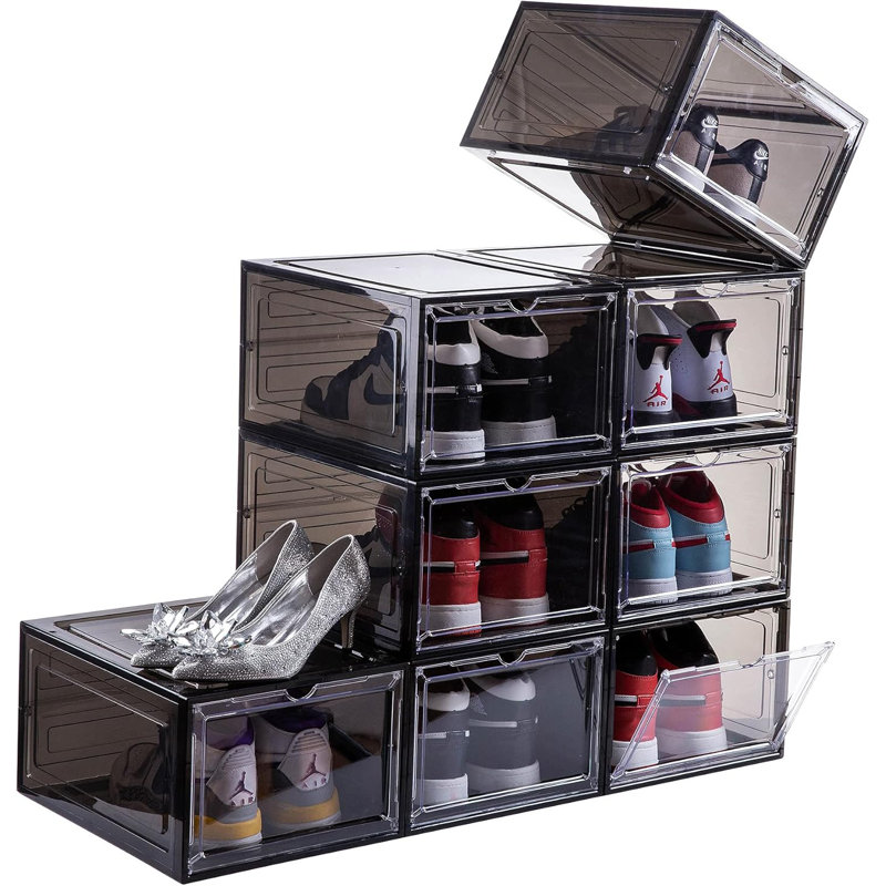 Boîte de rangement pour chaussures transparente et empilable avec porte avant rabattable transparente, conception en plastique robuste, assemblage facile, fermeture magnétique, s'adapte à la taille 14
