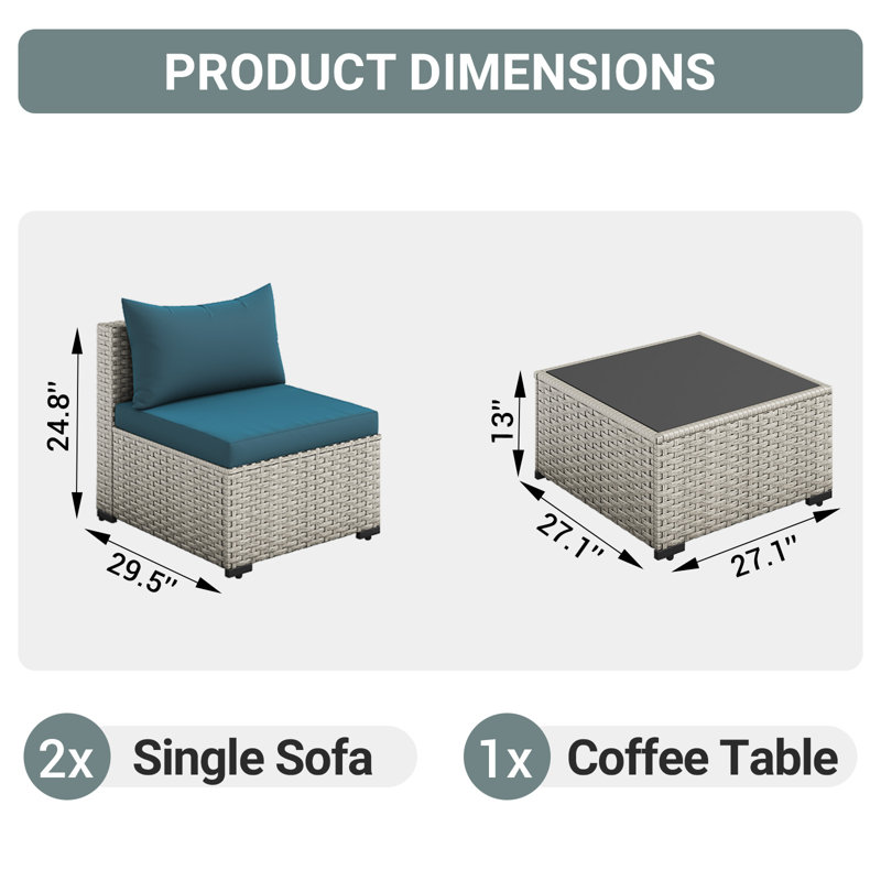 Ensemble de canapé d'extérieur en osier pour 2 personnes avec coussin, Bleu lac
