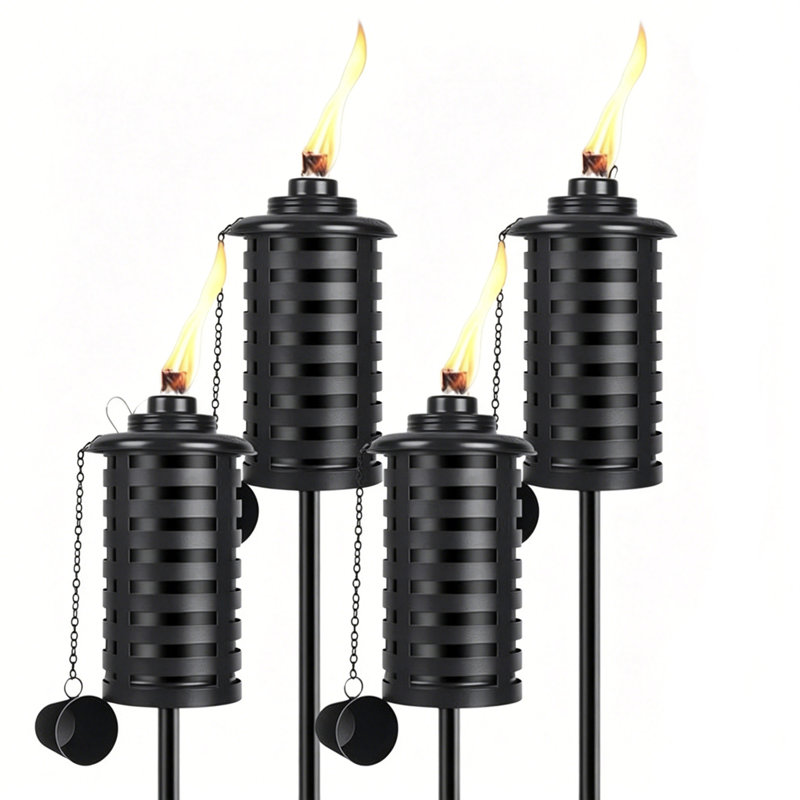 Ensemble de torches d'extérieur en métal de 59 po avec 4 torches de citronnelle 16 oz avec piquet de sol à 3 broches, plateau de table à double usage et allée