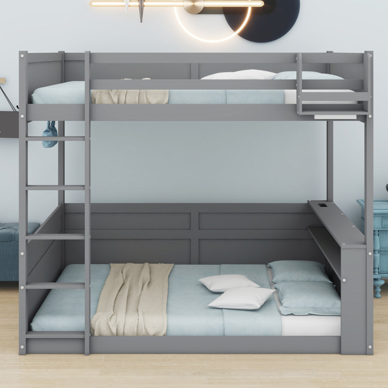 Lit superposé en bois avec tablettes intégrées, boîte de rangement, lumière DEL et station de charge USB, Gris
