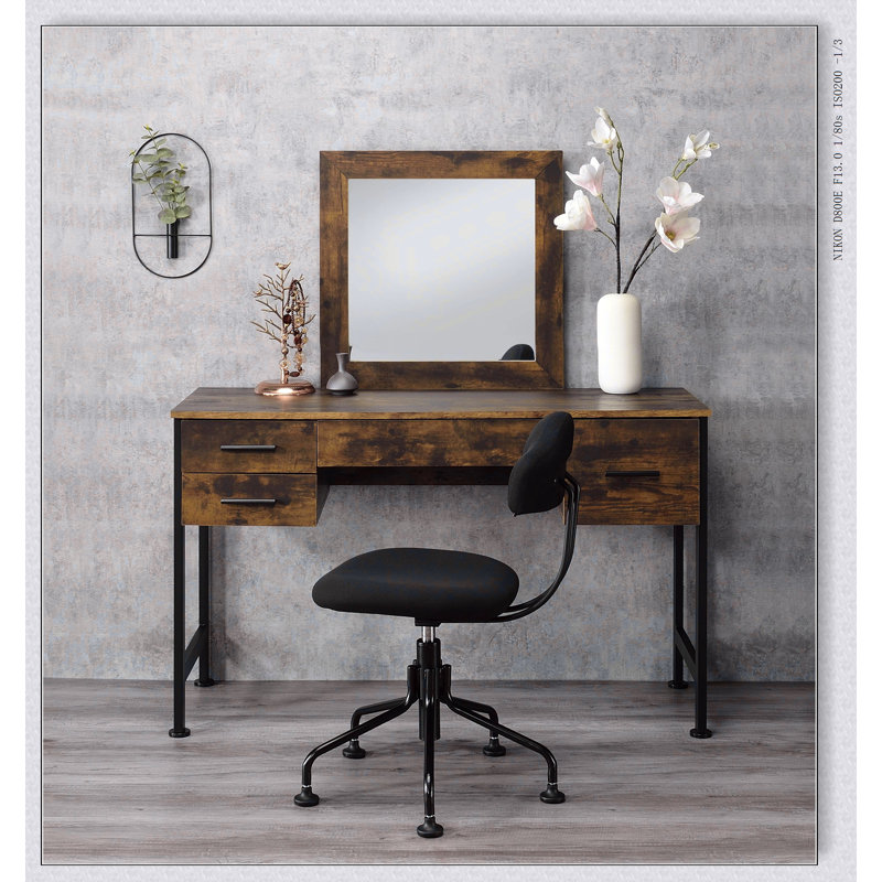 Juvanth Rustic Oak & Black Finish Vanity Desk With Mirror, Ample Storage And Modern Elegance For Organized Living.