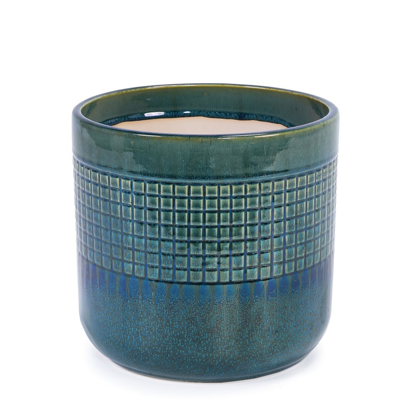 Of 3 Blue Grid Ceramic Flowerpots For Garden, Patio And Living Space - All-Weather, Drainage Plants Planters Multiple Settings , With