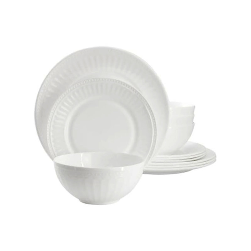 Service de table 12 pièces en verre opale blanc, assiettes et bols résistants à la casse, va au lave-vaisselle et au micro-ondes, service pour quatre