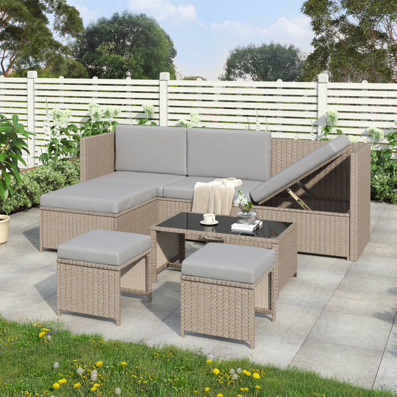 Rattan Look Patio Lounge Set - Uv-Coated Poly Rattan, Powder-Coated Steel, Washable Cushions, Light Grey Cushions/Khaki Frame