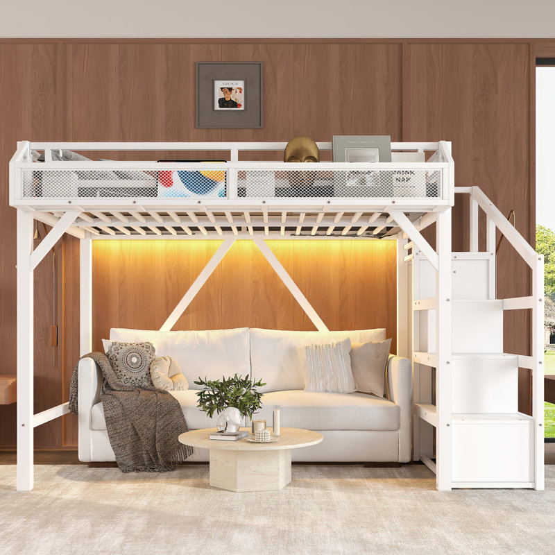 White Twin XL Loft Bed with Storage Stairs, Shelves Metal Frame USB LED, White, Extra-Long Twin
