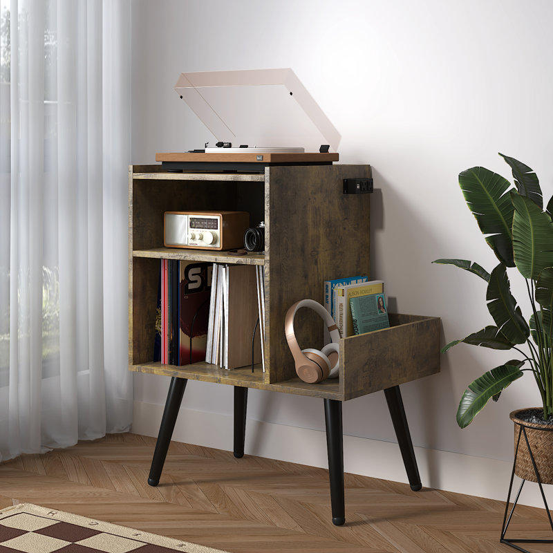 Record Storage Cabinet with Audio Shelf and Built-In Power Outlet for Bedroom, Living Room, Small Spaces, Rustic Walnut 