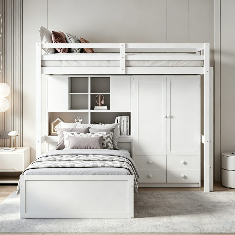 Lit superposé simple au-dessus de simple avec rangement intégré, tiroirs, bibliothèque et garde-robe, White