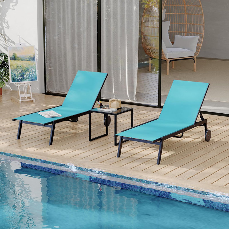 Adjustable Backrest Poolside Loungers Set Of 3, Outdoor Lounge Chairs With Wheels, Patio Chaise Lounge Chairs With Side Table