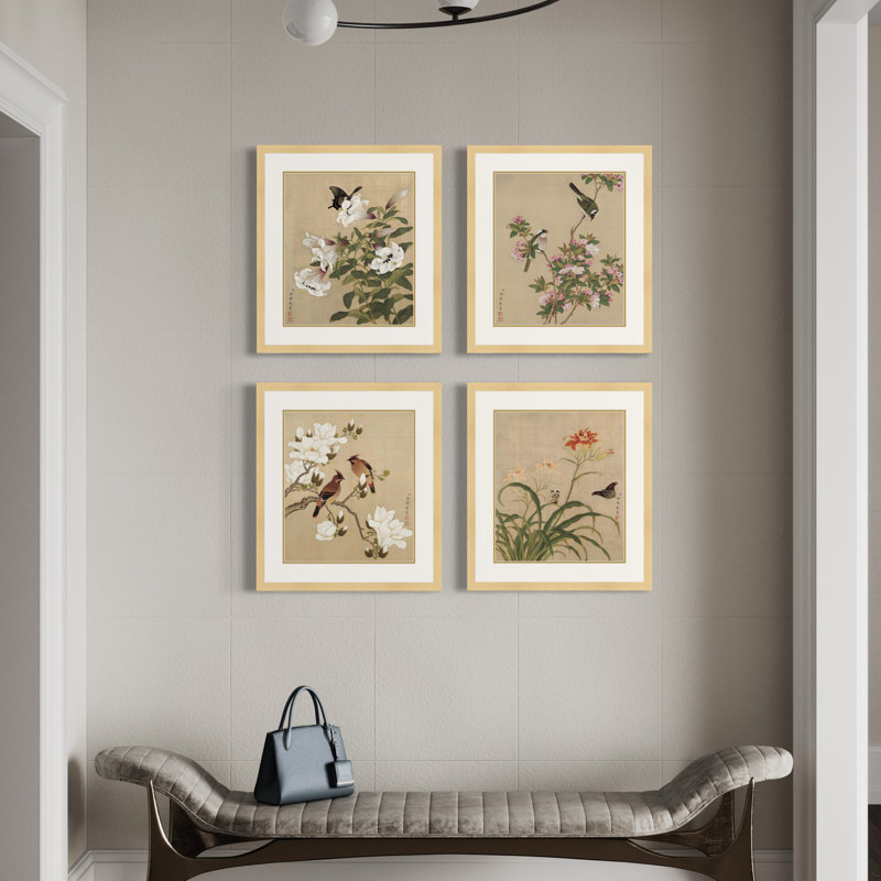 Masterpiece Collection Birds and Butterflies in Spring by Yu Zhi - 4 Piece Single Picture Frame Print Set, 43" H x 35" W