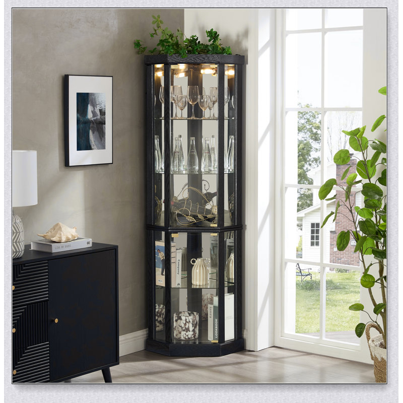 Vitrine d'angle lumineuse avec vitrine pour le salon, idéale pour les collections antiques et le rangement du vin, Light Oak