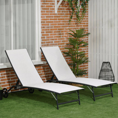 Chaise Lounge Outdoor, 2 Piece Lounge Chair With Wheels, Tanning Chair With 5 Adjustable Positions For Patio, Beach, Yard, Pool, Cream White