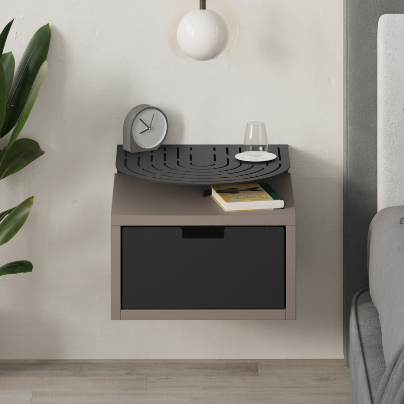 Ailana Floating Bedside Shelf with Drawer and Metal Round Shelf, Light Mocha