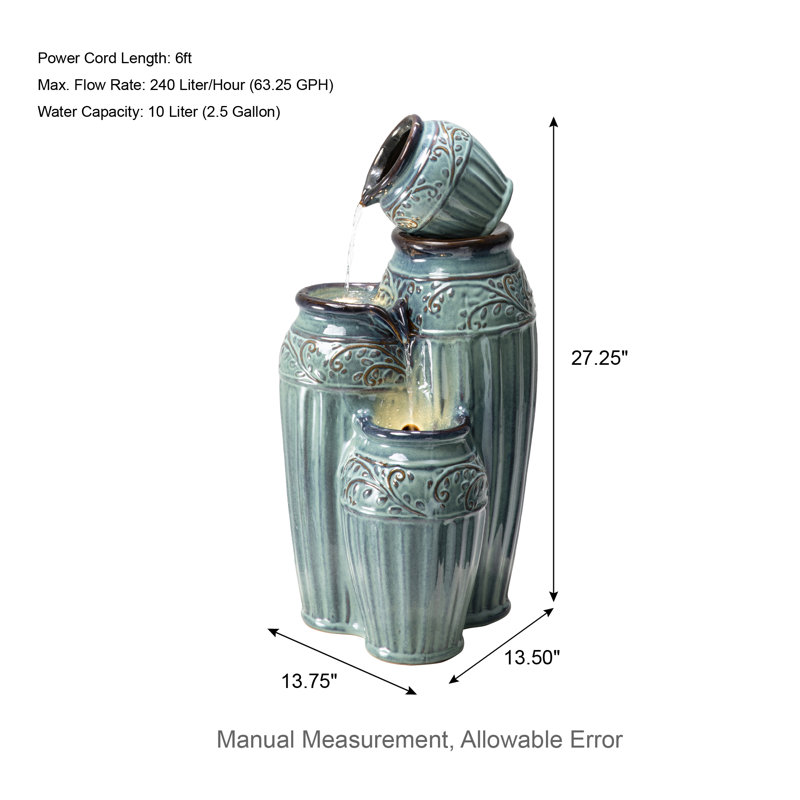 Outdoor Ceramic / Porcelain Weather Resistant Fountain with Lights, Turquoise, 27.25" H x 13.75" W x 13.75" D