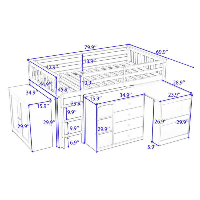 Lit mezzanine simple avec armoire, tiroir, tablette et bureau, Blanc