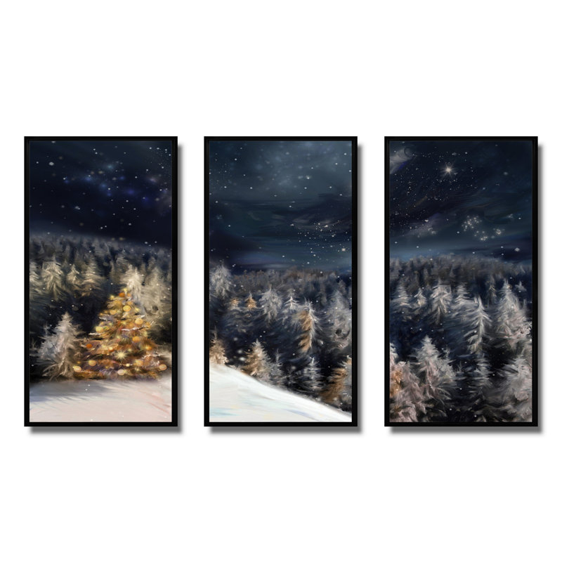 «Night Forest Christmas Tree», ensemble d'art mural sur toile encadré paysage, Noir, H 32 po x l 48 po