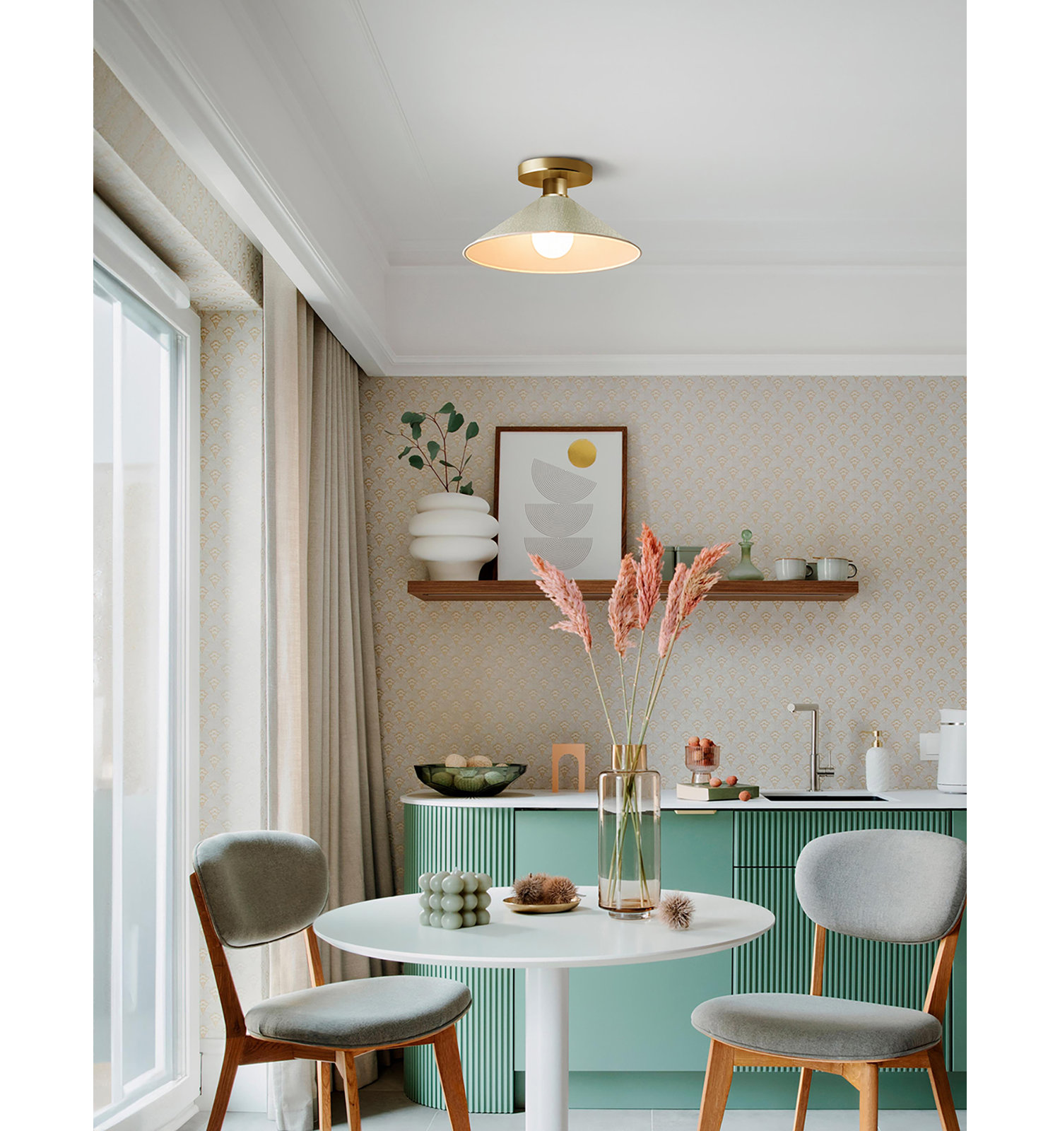 Single Light Ceramic Semi Flush Mount, Polished Brass, Celadon Green Crackle, Incandescent (Not Included)