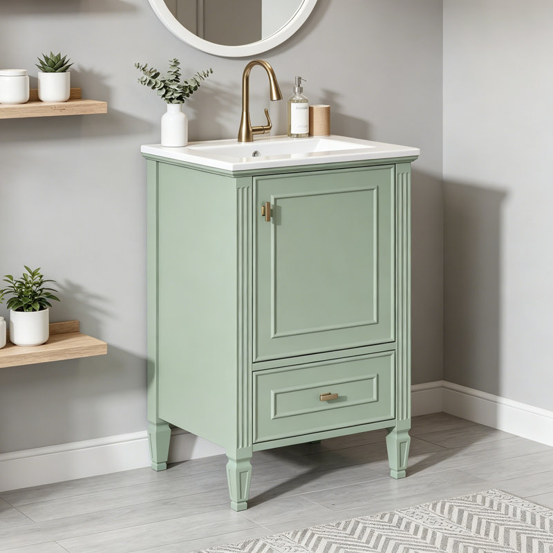 Meuble-lavabo de salle de bain avec lavabo en céramique, armoire de rangement et tiroirs, Vert