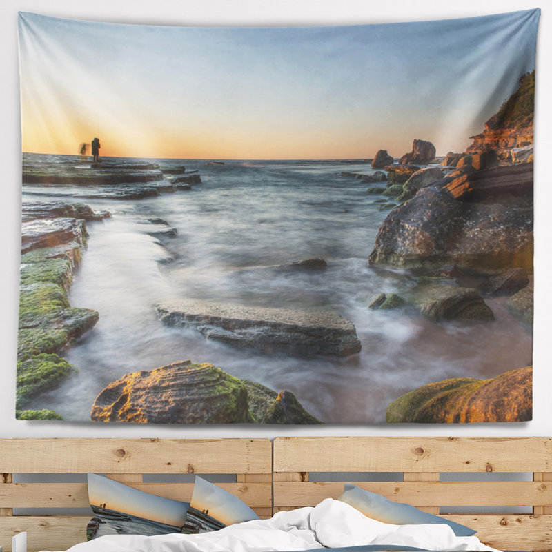 Tapisserie de mélange de soleil au-dessus de mer seascape de polyester avec accessoires suspendus inclus, H 50 po x l 60 po