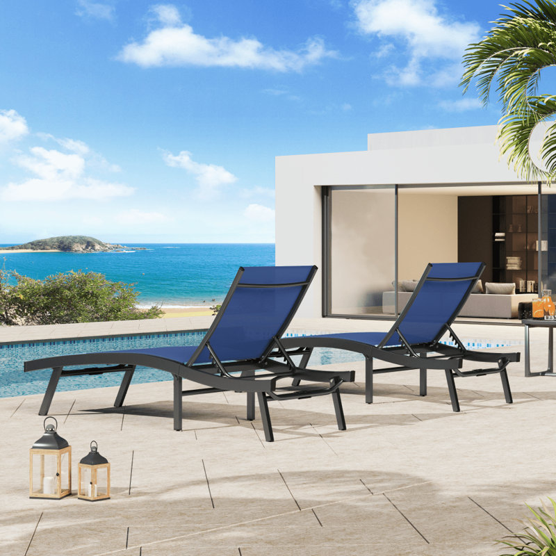 2 PCS All Weather Pool Lounge Chairs Ergonomic Design With Adjustable Backrest, Navy