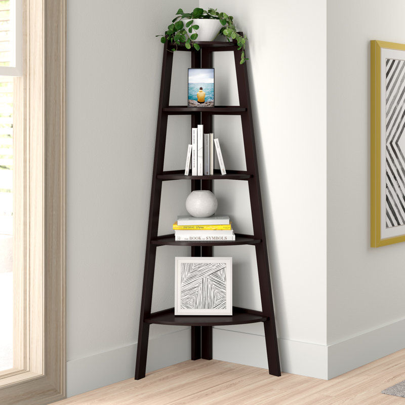 Tisha 63" H x 26.5" W Corner Five Tier Ladder Bookcase, Espresso/Dark Brown