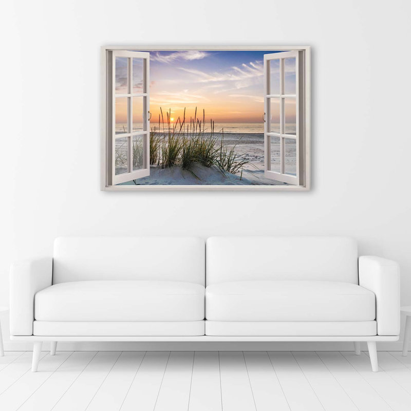 Mural, Window View Of The Beach Sea - No Frame Print on Canvas, 80cm H x 120cm W