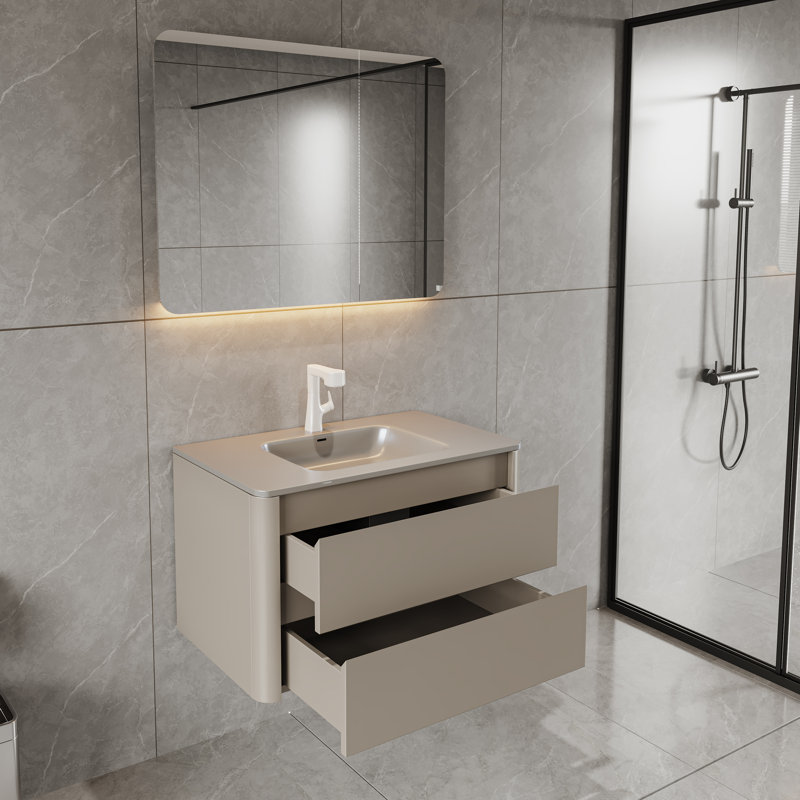 31.5" Floating Bathroom Vanity Set, Wall-Mounted Vanity Base, LED Mirror Storage Cabinet, Solid Surface On-Piece Sink Top