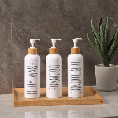 Shampoo And Conditioner Dispenser, 16Oz 3-Pack Refillable Shampoo And Conditioner Bottles, Empty Shampoo Bottles Refillable With Bamboo Pump, Bathroom Shower Shampoo Dispenser Set