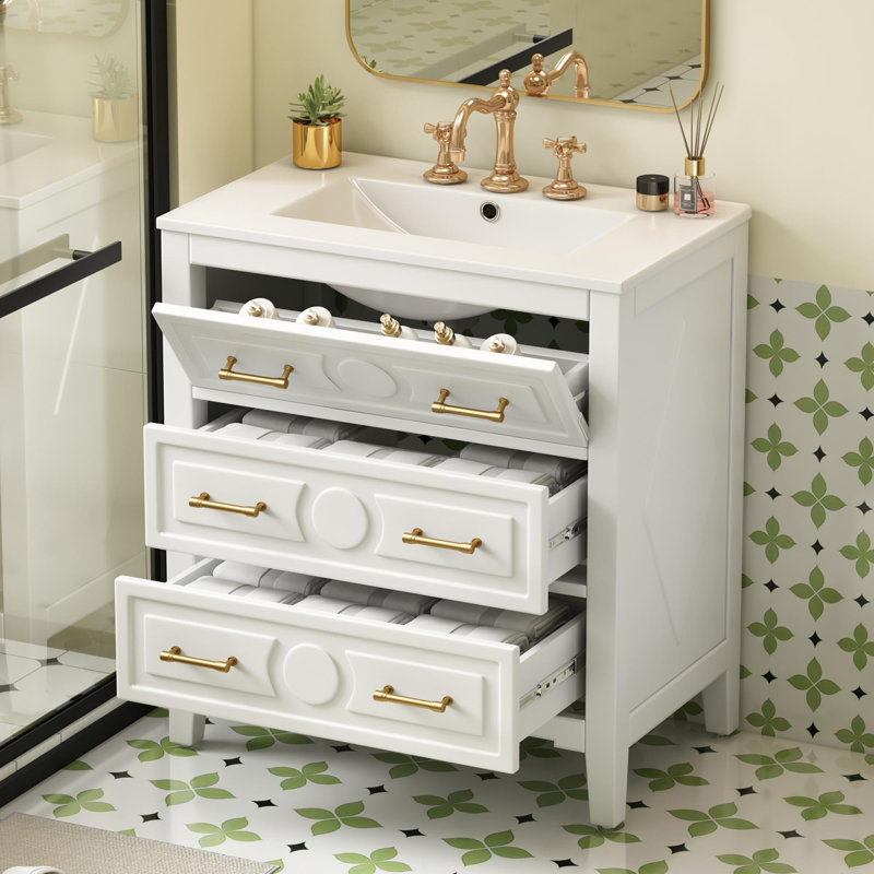 Meuble-lavabo simple autoportant avec 3 tiroirs, Blanc, Doré