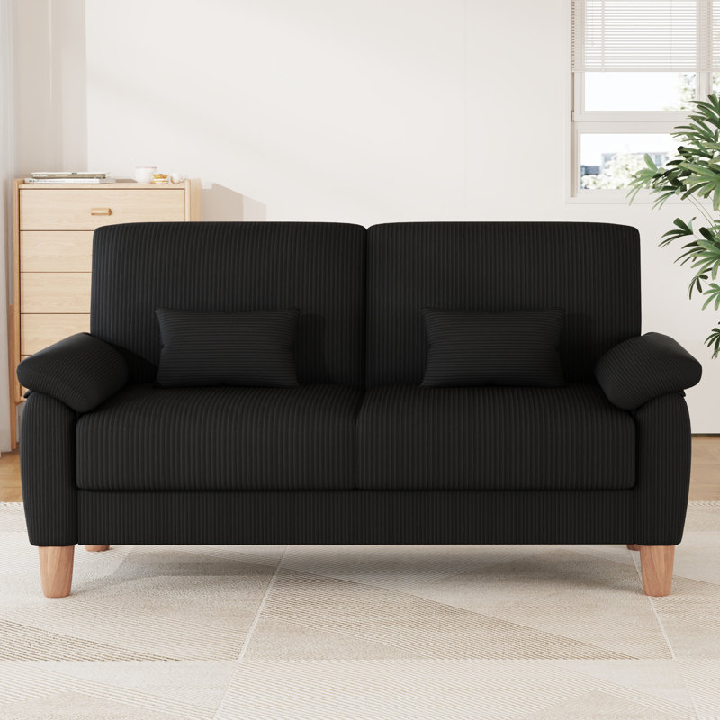 180cm corduroy 2-seater sofa with solid wood frame, spring seat cushion and two throw pillows, Black