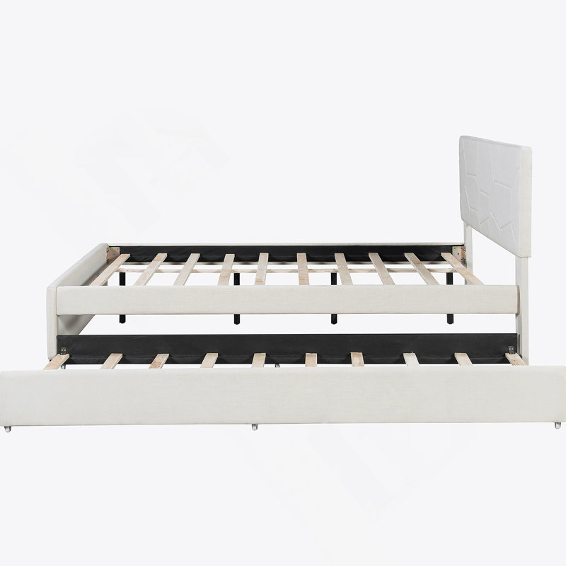 Upholstered Platform Bed With Brick Pattern Headboard And Trundle