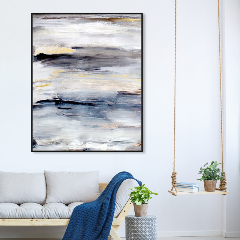 Modern Gray Brush Stroke Painting Print, Black Floater Framed, 46" H x 37" W