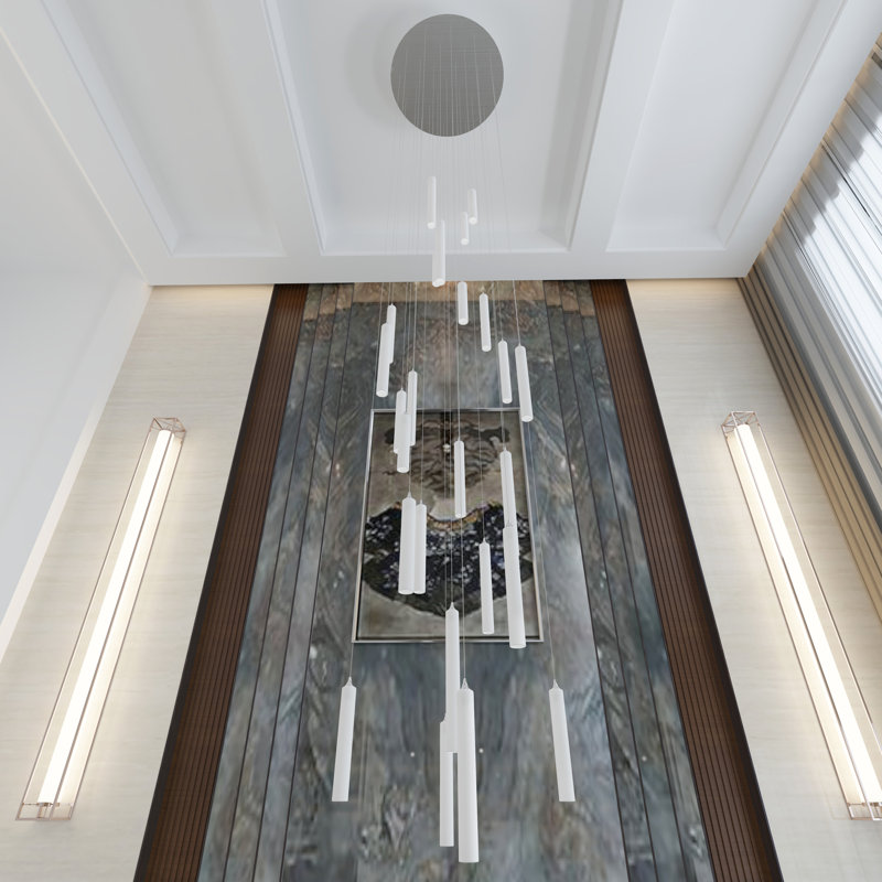 Rainfall 25 - Light LED Pendant, 96" H x 26" W x 26" D, Frosted Milk/Frosted Gray, Black