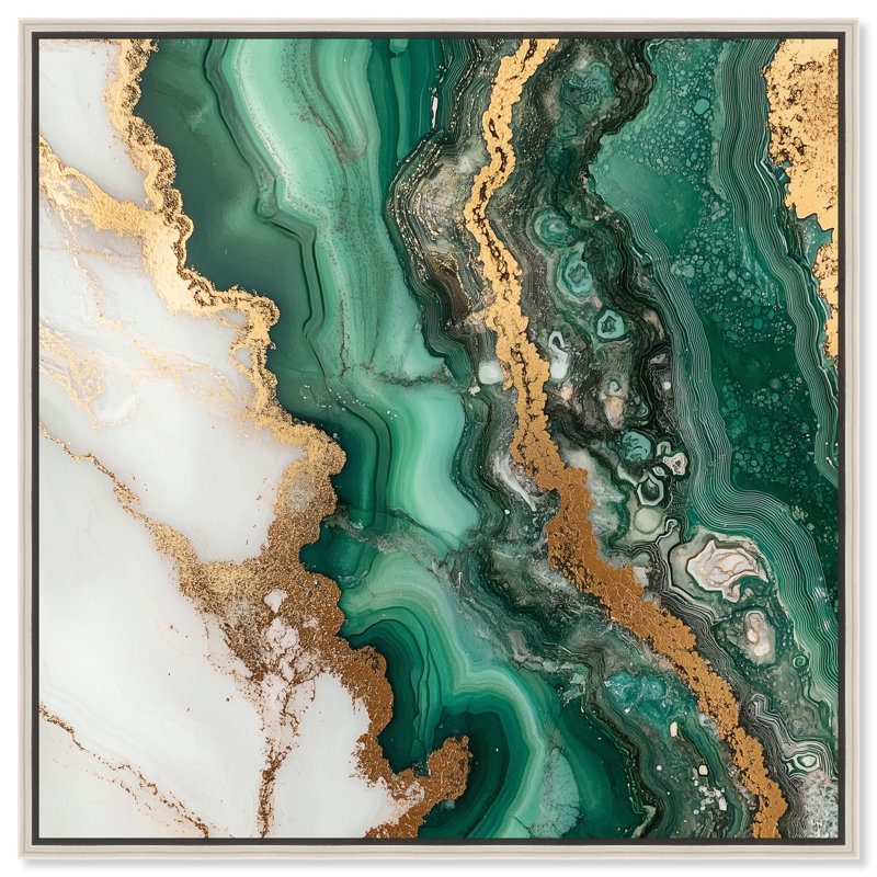 «Malachite Majesty», impression sur toile Geode par Art Remedy, H 25 po x l 25 po, Cadre flottant, Argent argent