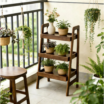 100% Solid Wood Ladder Shelf, 3 Tier Small Ladder Bookshelf, Freestanding Ladder Shelf with Open Storage,Side Table for Living Room, Bedroom, Study, Home Office, Saving Space, Walnut