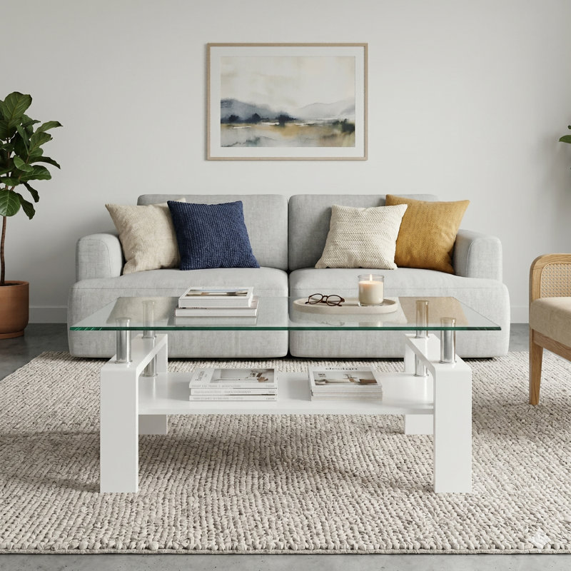 Fraiya Rectangle Coffee Table with Tempered Glass & MDF Storage Shelf, Modern Living Room or Office Center Table, White