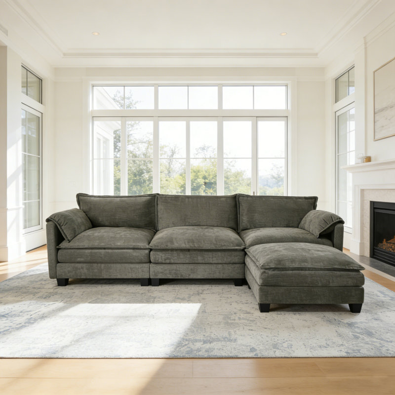 Canapé modulaire rembourré en L avec repose-pieds 4 pièces 107 po 4 pièces, Mélange de lin gris