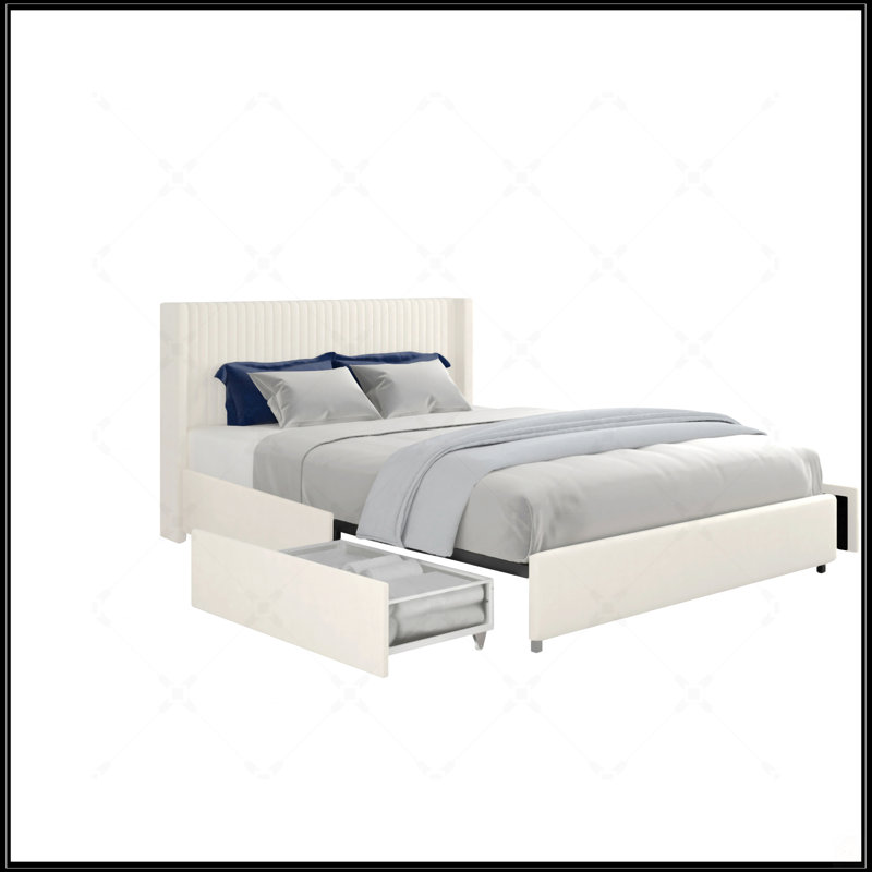 Lit plateforme tapissier Anda, Tissu ivoire