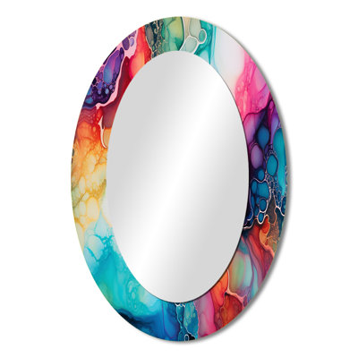 Rainbow Teal And Purple Alchohol Ink - Abstract Oval Decorative Mirror On Metal
