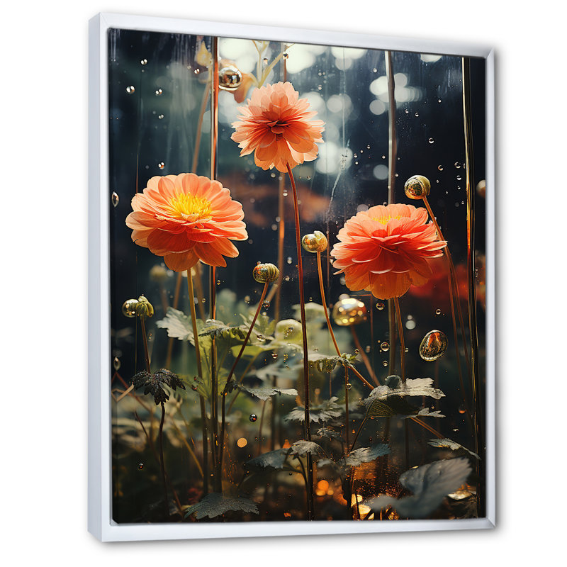 "Fleurs de zinnias orange et vertes", Cadre flottant blanc, H 44 po x l 34 po x P 1,5 po