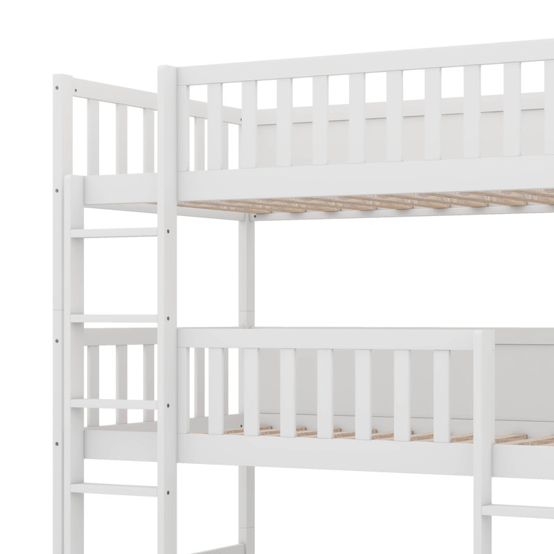 Lit superposé en caoutchouc de taille simple à trois niveaux entièrement équipé d'échelles et de barrières de sécurité, Blanc
