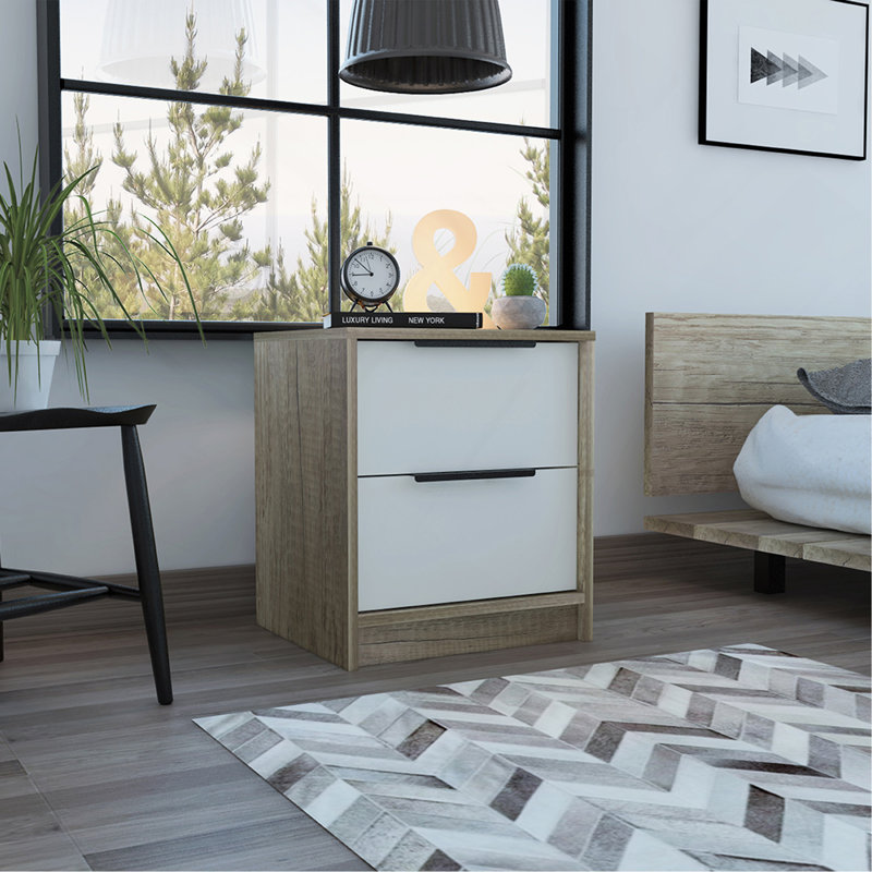 Kaia Nightstand , End Table, Side Table Two Drawers, Metal Handle -White / Pine, White/Pine