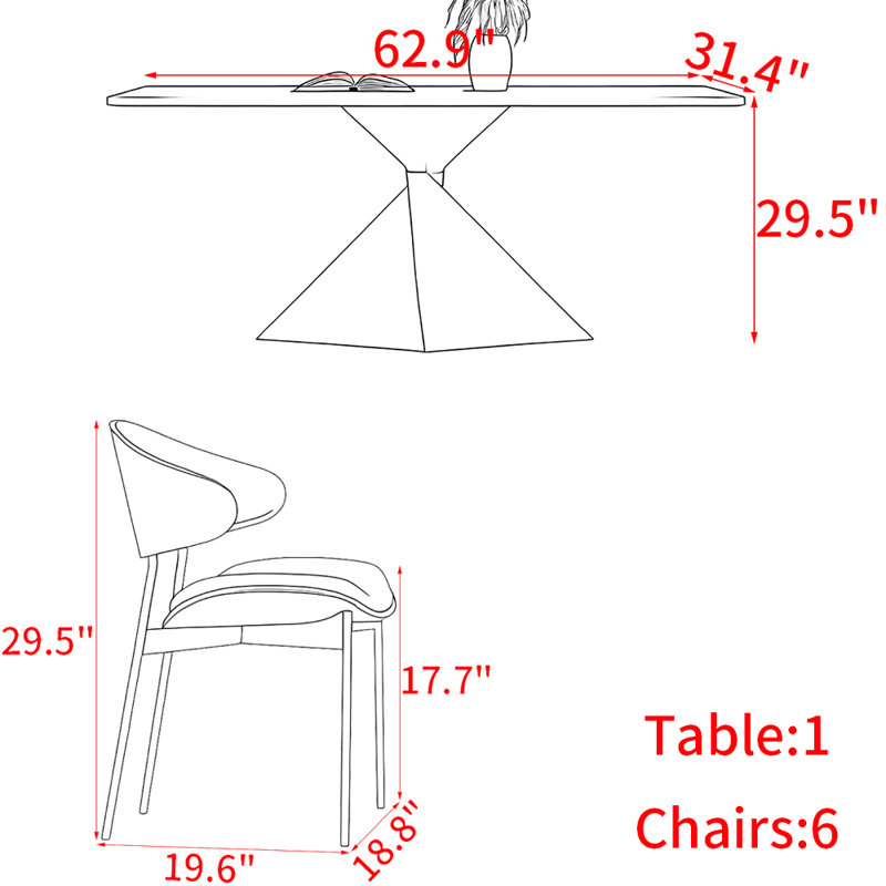 Ensemble de table de salle à manger en bois massif de style italien, H 29,5 po x L 62,9 po x l 31,4 po