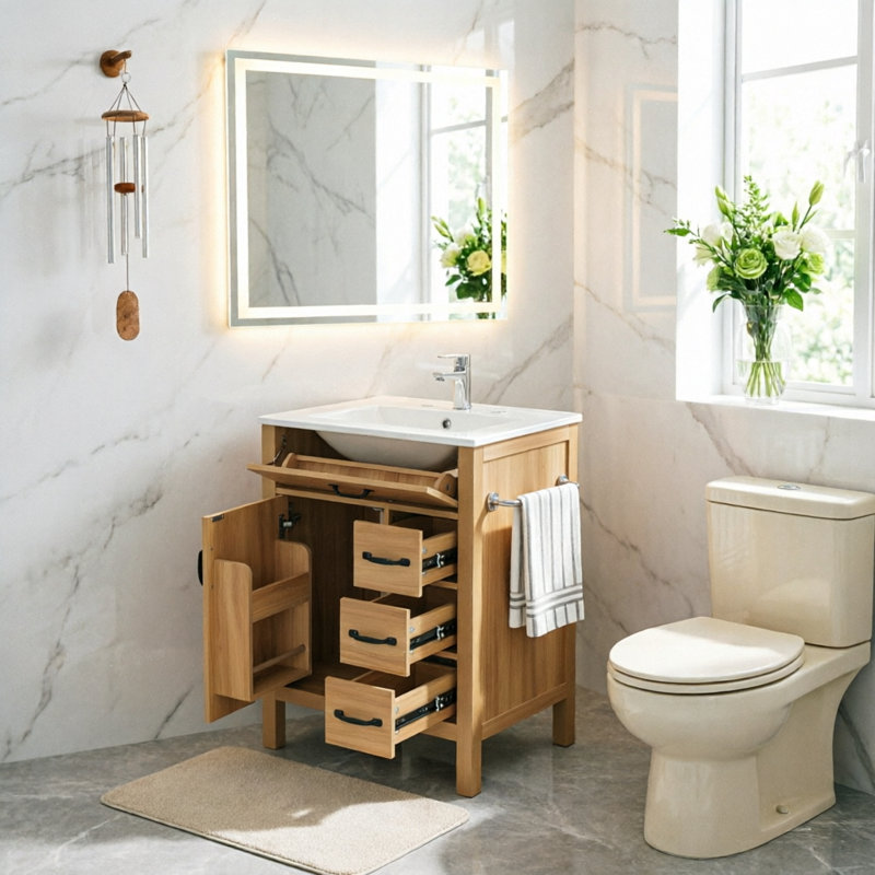 Meuble-lavabo moderne et traditionnel de 61 cm (24 po) avec lavabo en céramique, caisson en MDF, pieds en bois massif, poignées en alliage de zinc noir et finition mélaminée imitation bois.