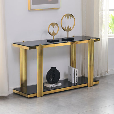 Console en miroir 55 po avec tablettes en verre trempé à 2 niveaux et structure en acier inoxydable